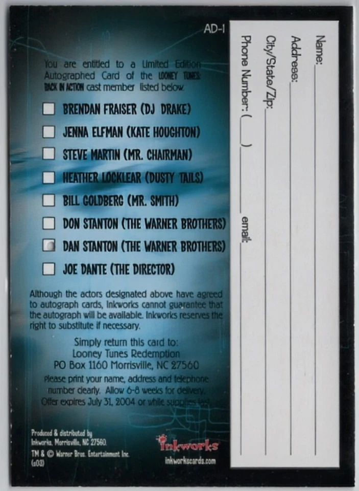 Tarjeta de canje 2003 Inkworks Looney Tunes Back in Action Dan Stanton #AD-1 Foto 2 de 2