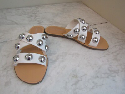 NWT Marc Fisher Bryte White Silver Ball Strap Slide Sandal Shoes Women's  M