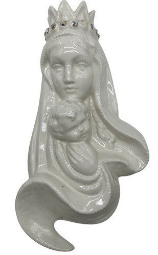 Vintage religiöse Madonna & Kind Keramik Wandbehang Plakette mit Edelsteinen 13,5"T - Bild 2 von 11