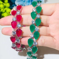 2 Rows Green Cubic Zirconia Wide Drop Bracelets for Women Ethnic Party Jewelry