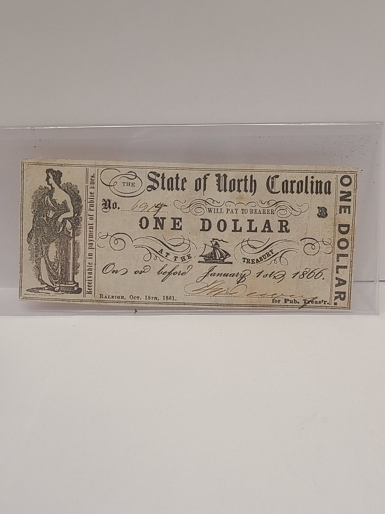 1861 $1 North Carolina Obsolete Banknote Raleigh One Dollar State Currency