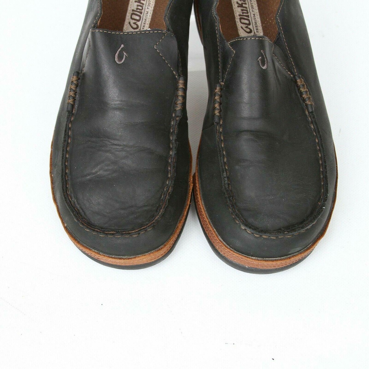 Olukai Moloa Black Leather Moc Apron Toe Slip On Loafer 