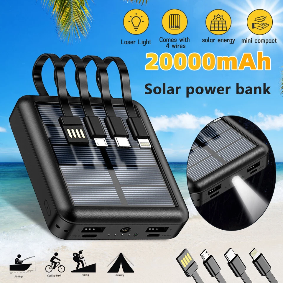 20000mAh Solar Power Bank Fast Charging External Battery With 4 Cable LED Light - Image 2 of 4
