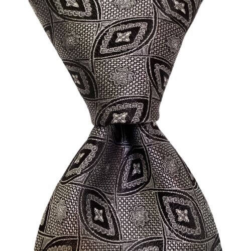 BURMA BIBAS Men's Silk Necktie 59 5/8 x 3 1/2 Designer Geometric Gray/Black EUC