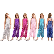 Kids Girl's Shiny Sequins Dance Jumpsuit Halter Neck Romper Jazz Ballet Leotards
