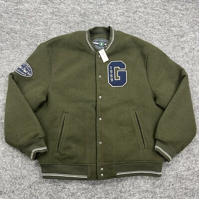 Gap Varsity Jacket Mens Extra Large Greem Wool Blend Snap Up Athletic Coat