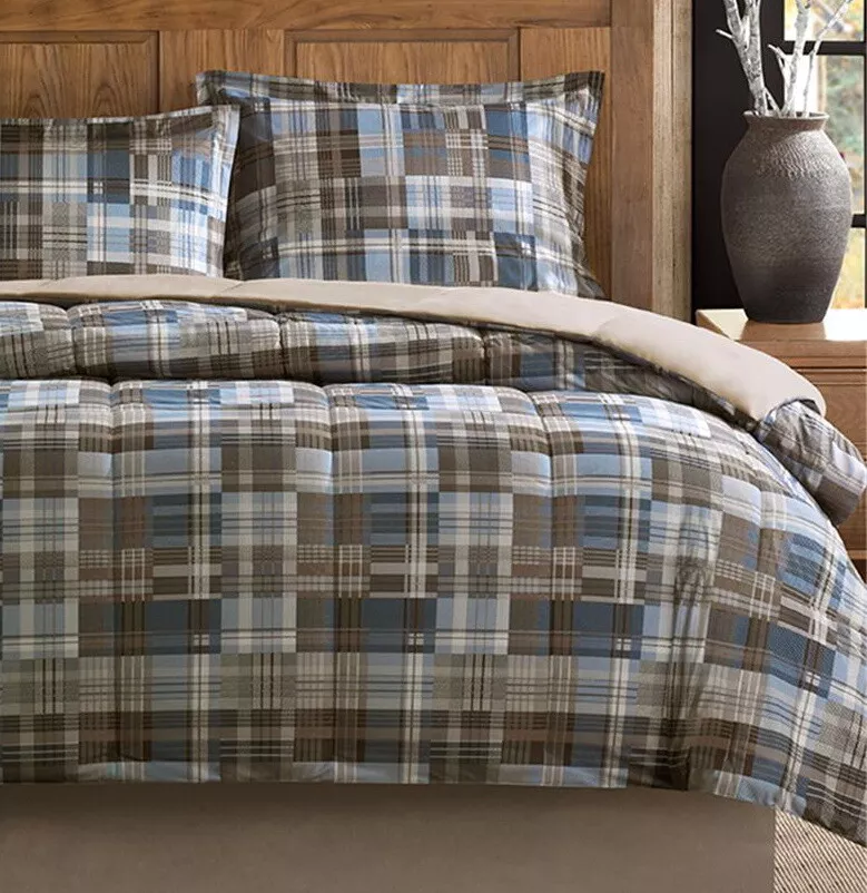 COZY BLUE PLAID 2pc Twin COMFORTER SET BROWN CABIN LODGE DOWN