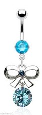 316L Surgical Steel Prong Set Double Gem CZ Dangle Navel Belly Ring w/Bow Tie