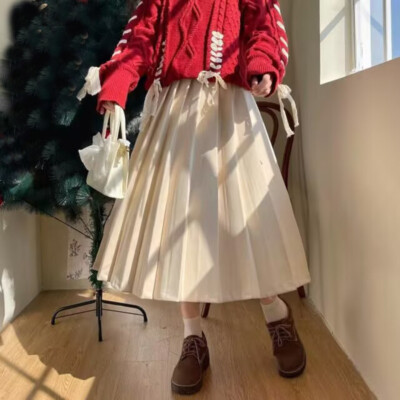 New Japanese Mori Girls Casual Wool Blend Pleated A-line Dress High Waist Skirts