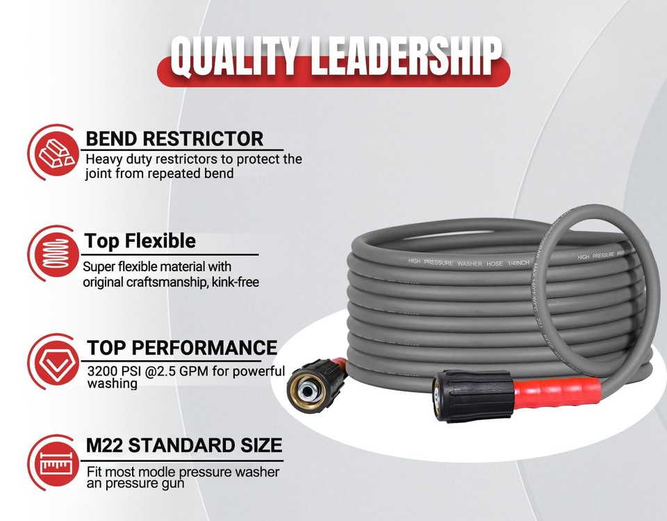 Super Flexible Pressure Washer Hose 25FT for Power Washer Replacement