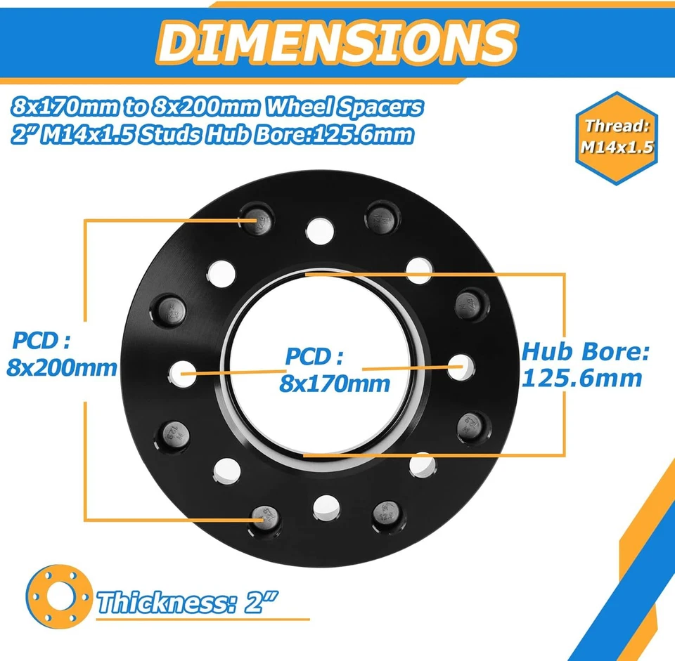 (4) Adaptadores de rueda de 2" 8x170 a 8x200 14x1,5 para Ford F250 F350 Super Duty 99-22 Foto 2 de 4