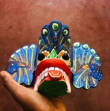 Hand Carved Wood Wall Hanging Vintage Ceylon Traditional Peacock Mask Elegant