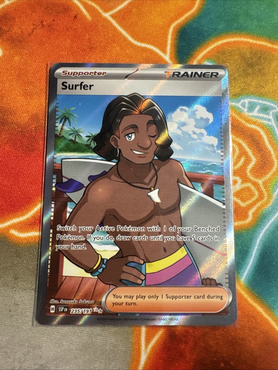surfer pokemon card Pokemon TCG Surfer 235/191 Sv08: Surging Sparks Full Art Trainer NM