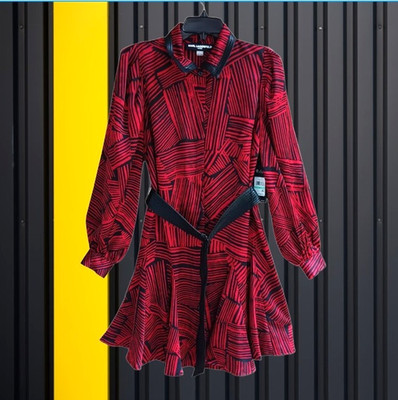 Karl Lagerfeld Paris Belted Shirt Dress Long Sleeves Belted Black Red Size 8 NEW