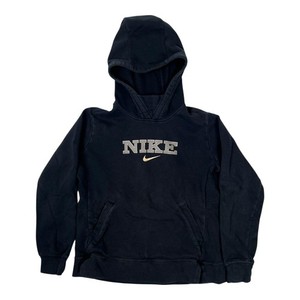 Vintage Nike Hoodie Kids Youth Medium Black Logo Fleece Pullover Sweatshirt Y2K