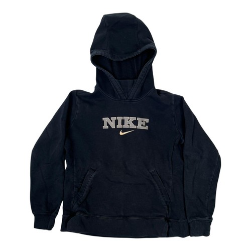 Vintage Nike Hoodie Kids Youth Medium Black Logo Fleece Pullover Sweatshirt Y2K