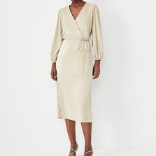 Ann Taylor New Metallic Shimmer Pleated Long Sleeve Faux Wrap Dress XS Petite