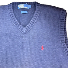 Vintage Polo Ralph Lauren Sweater Vest Mens Lrg V Neck Blue 100 Cotton Red Pony