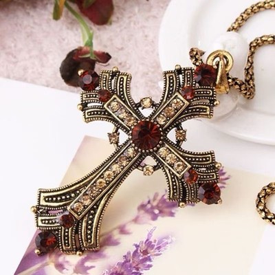 Large Vintage Gothic Metro Rhinestone Diamond Cross Necklace God We Trust