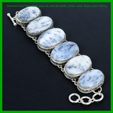 Sterling Silver Natural Dendrite Opal Bezel Chain Vintage Boho Bracelet Jewelry