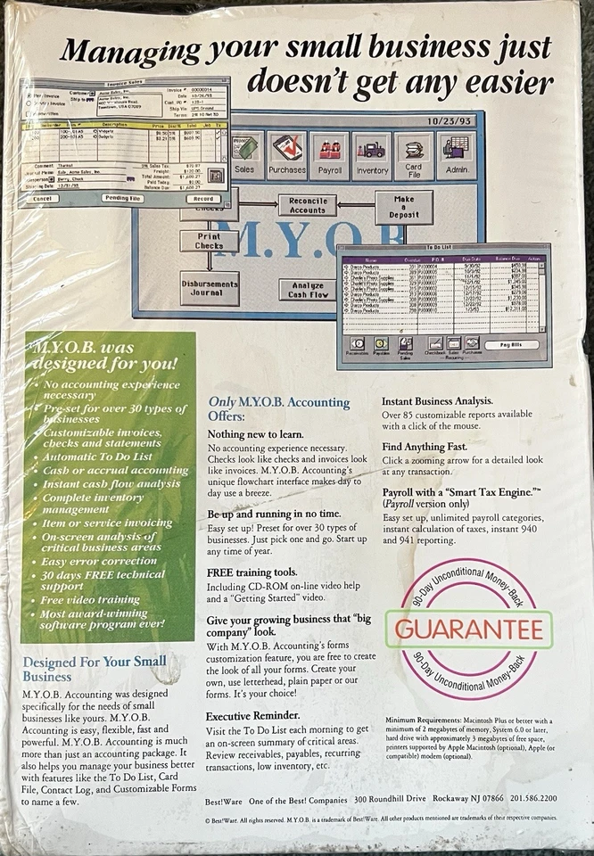 Vtg 80s MYOB Accouning w/ Payroll 4.0 for Macintosh Plus or Better SEALED NEW - Image 2 of 3
