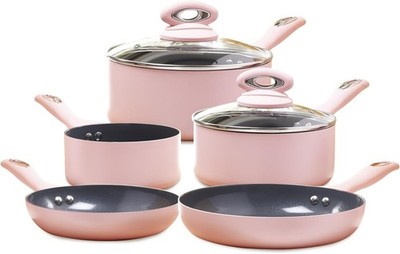 Blush Pink 5-teiliges Keramik Kochgeschirr Set - enthält 2x Bratpfannen und 3x Kochtopf