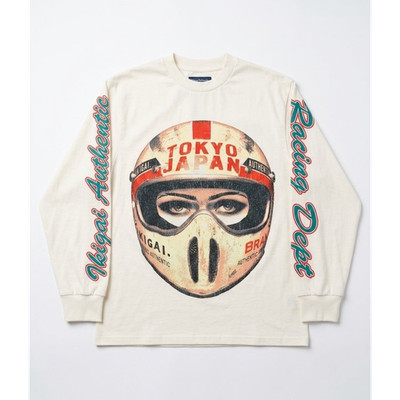 BrandMakers Group Men's Long Sleeve Graphic Print Racing T-Shirt Cream Crew S