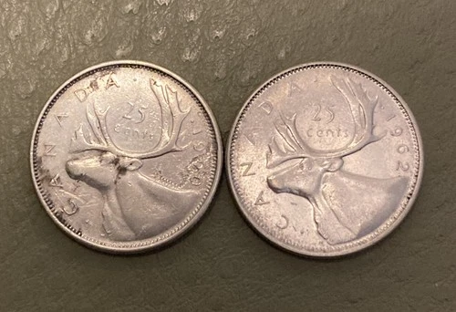 1960 & 1962 Canada 25c Cents Quarters 0.800 Silver Coin