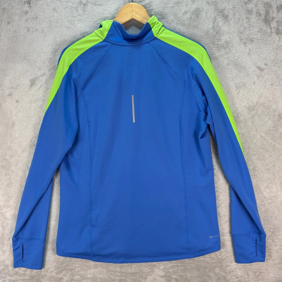 Pullover para correr Nike Dri-FIT 1/4 cremallera azul neón cremallera agujeros para los pulgares LS talla XL para mujer Foto 3 de 4