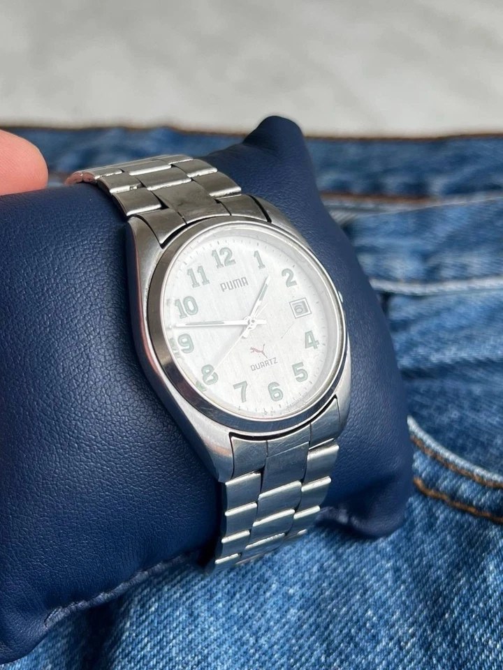 Reloj de Cuarzo PUMA Vintage Años 90 Hecho en Japón Plata Cromo Acero Metal Y2K Reloj Foto 2 de 4