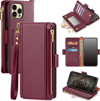 iPhone 12 Pro Max Wallet Case, RFID Blocking PU Leather Phone Case, Wine Red