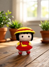 Handmade Crochet Girl Doll with Straw Hat Red Dress Amigurumi Plush