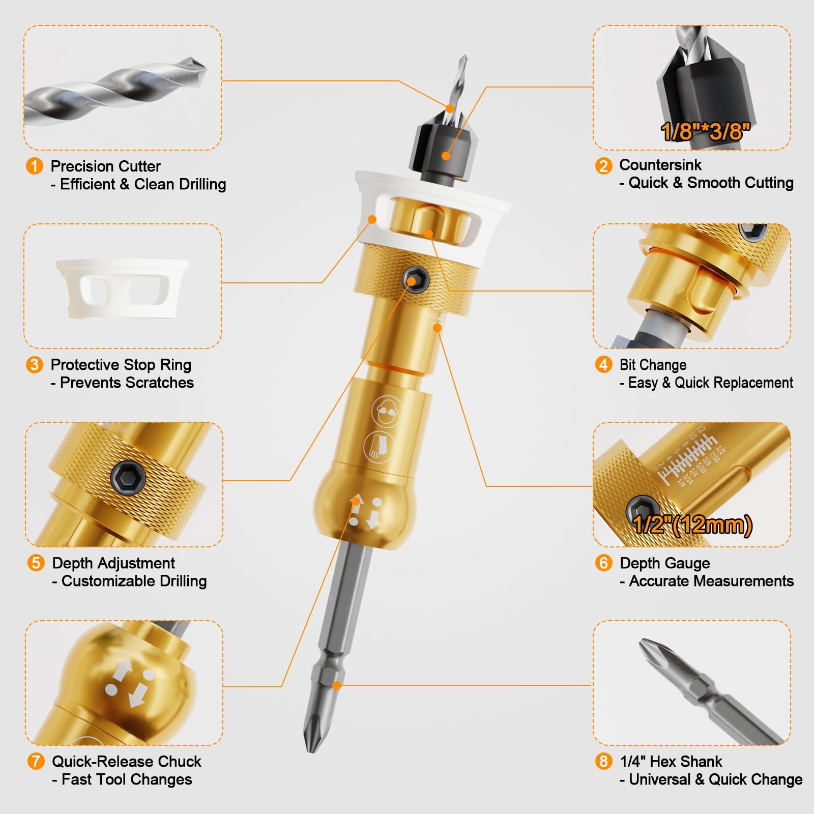 1/8"×3/8" Countersink Drill Bit - Carbide Tipped Adjustable Depth Stop Counte...