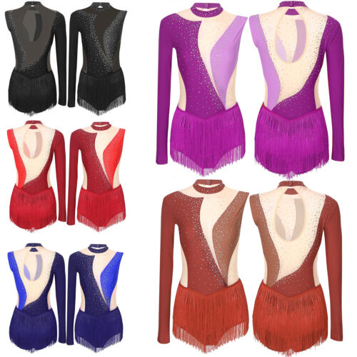 Womens Dress Tassel Bodysuit Sparkling Leotard Competition Skirted Latin Dance - Picture 1 of 51
