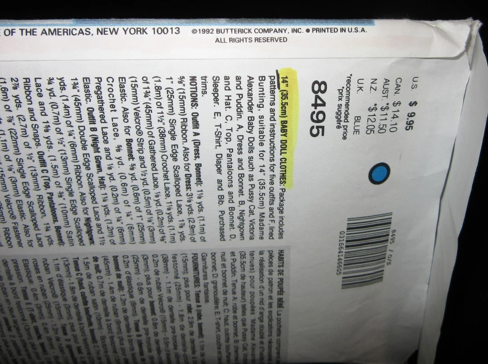 VOGUE #8495 - 14" MADAME ALEXANDER DOLL CLOTHING SEWING PATTERN UNCUT FF - Image 3 of 4
