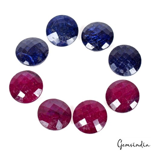 Certified 109.80 Cts/8 Pcs Natural Red Ruby Blue Sapphire Round Checker Cut Gems