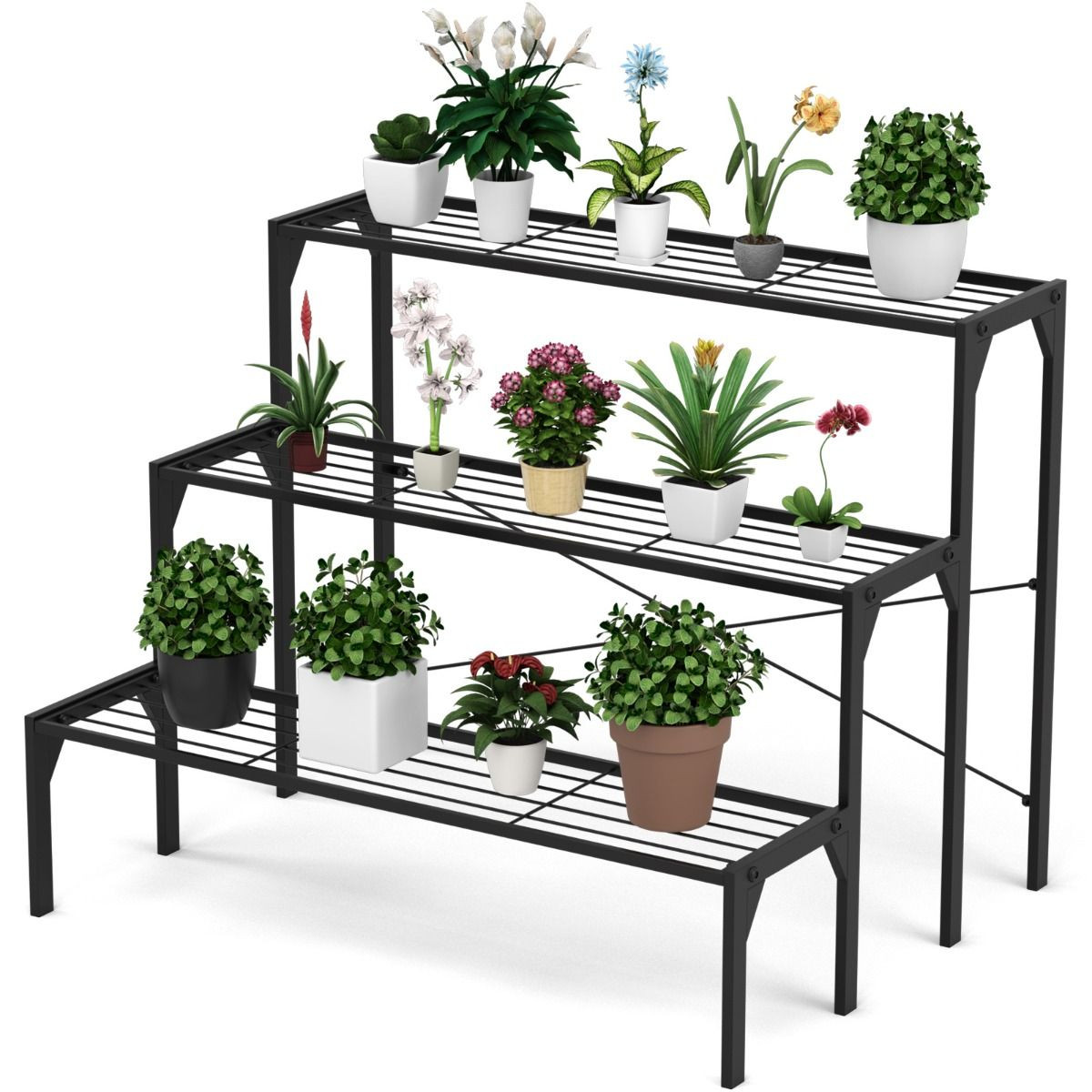 Étagère plantes en métal à 3 niveaux 85x65x66 cm noir d'angle pour pots