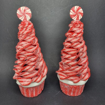 Set of 2 Illuminated Valerie Parr Hill Peppermint Cupcake Trees Christmas 