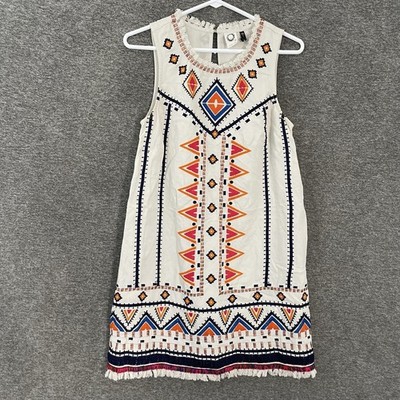 Anthropologie Akemi + Kin Dress Womens 0 White Embroidered Shift Boho Fringe