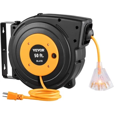 VEVOR Retractable Extension Cord Reel Power Cord Reel 50FT 14AWG/3C SJTOW