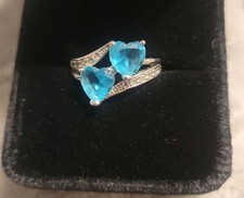 Double Heart Blue Topaz Rhinestone 925 Silver Ring SZ 6