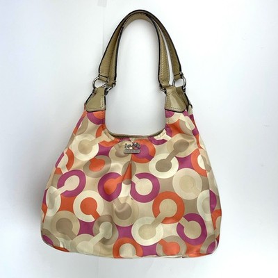 Coach Signature OP Soho Art Scarf Print Satin Hobo Bag Orange Purple Tan