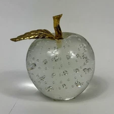 Vintage Glass Paperweight Apple Brass Stem Controlled Air Bubbles Marked 81 TW