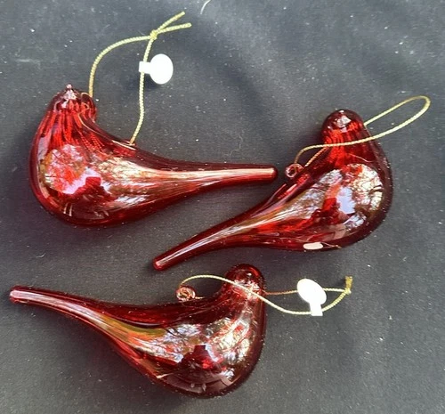 3 Beautiful Blown Glass Red Cardinal Bird Christmas Tree Ornaments -S74