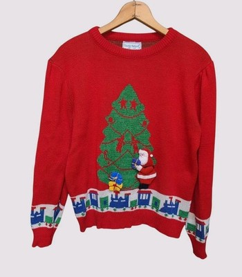 Vintage Christmas Sweater Touchy Subject 3D Santa & Presents Women's Size SMALL