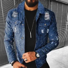Luxury Men Denim Jacket Fashion Ripped Casual Trendy High Street Retro Jean Coat