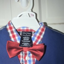 Nautica Boys Plaid Suit Set Blue Red Vest Pants Shirt Bow Tie Size 6