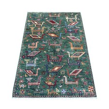 3'4"x5' Green Hand Knotted Sultani Ancient Bird Figurines Pure Wool Rug 21725