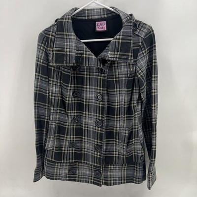L A Kitty Women's Jacket Black Plaid Silver Glitter Button Up Grunge Size Medium