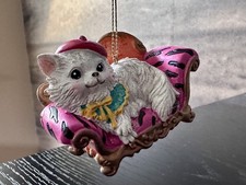 Vintage Fancy Cat In Santa Hat On Couch Resin Tree Ornament, 3.5”x 2”x 1.75 wide